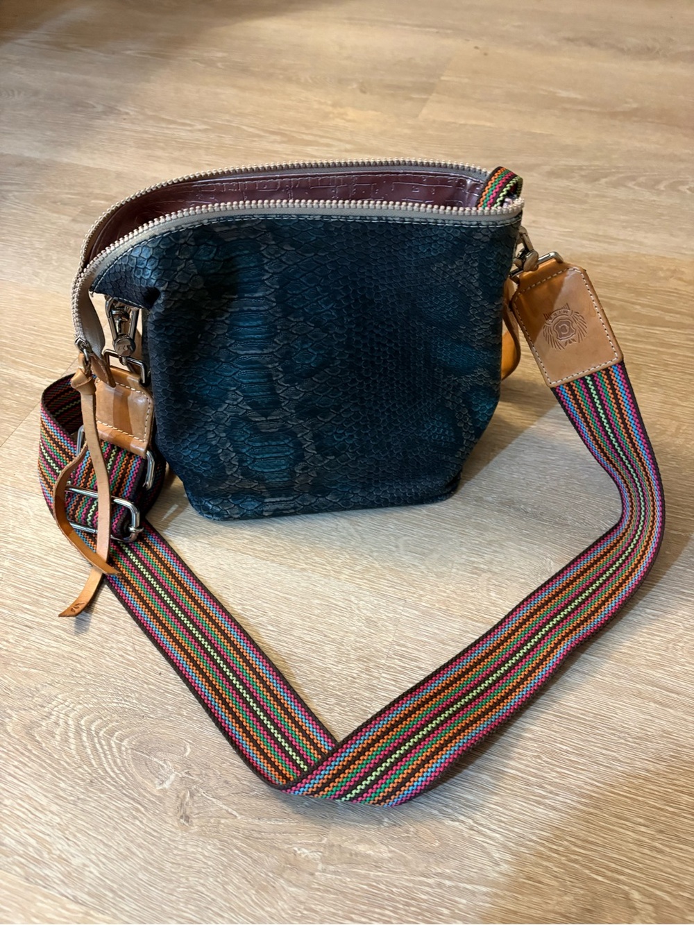 Consuela Black Snake-Embossed Crossbody with Multicolor Woven Strap